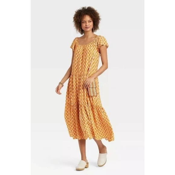 Knox Rose Dresses & Skirts - Knox Rose Women's Flutter Sleeve A-Line Yellow/Orange Midi Dress- Size XS